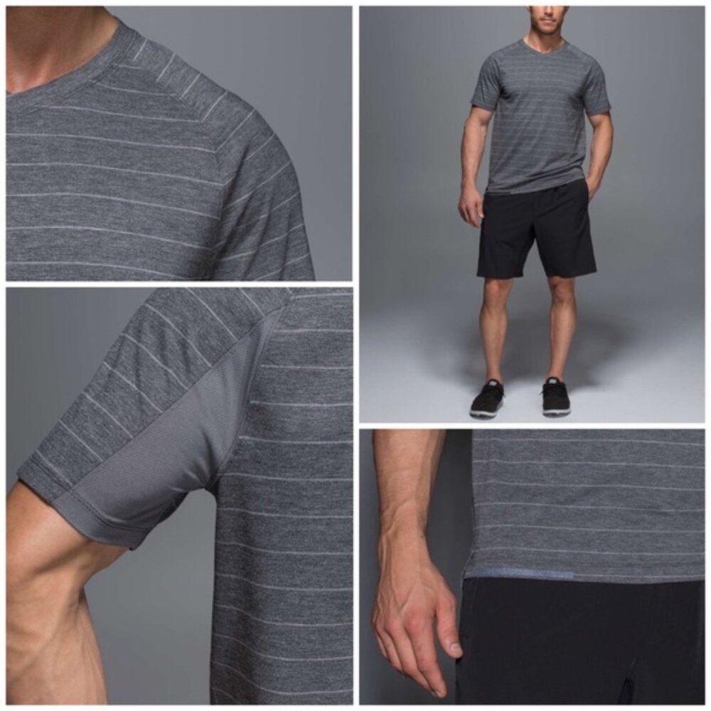 LULULEMON Switchback Shirt Mens Large Gray Striped V-Neck Short Sleeve Top‎